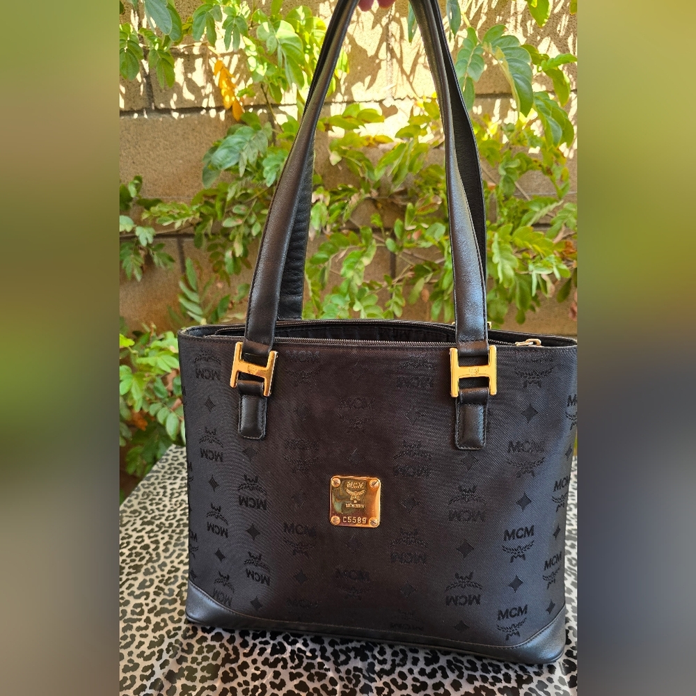 MCM Authentic Classic Black Monogrammed Organic Nylon & Smooth Leather Tote